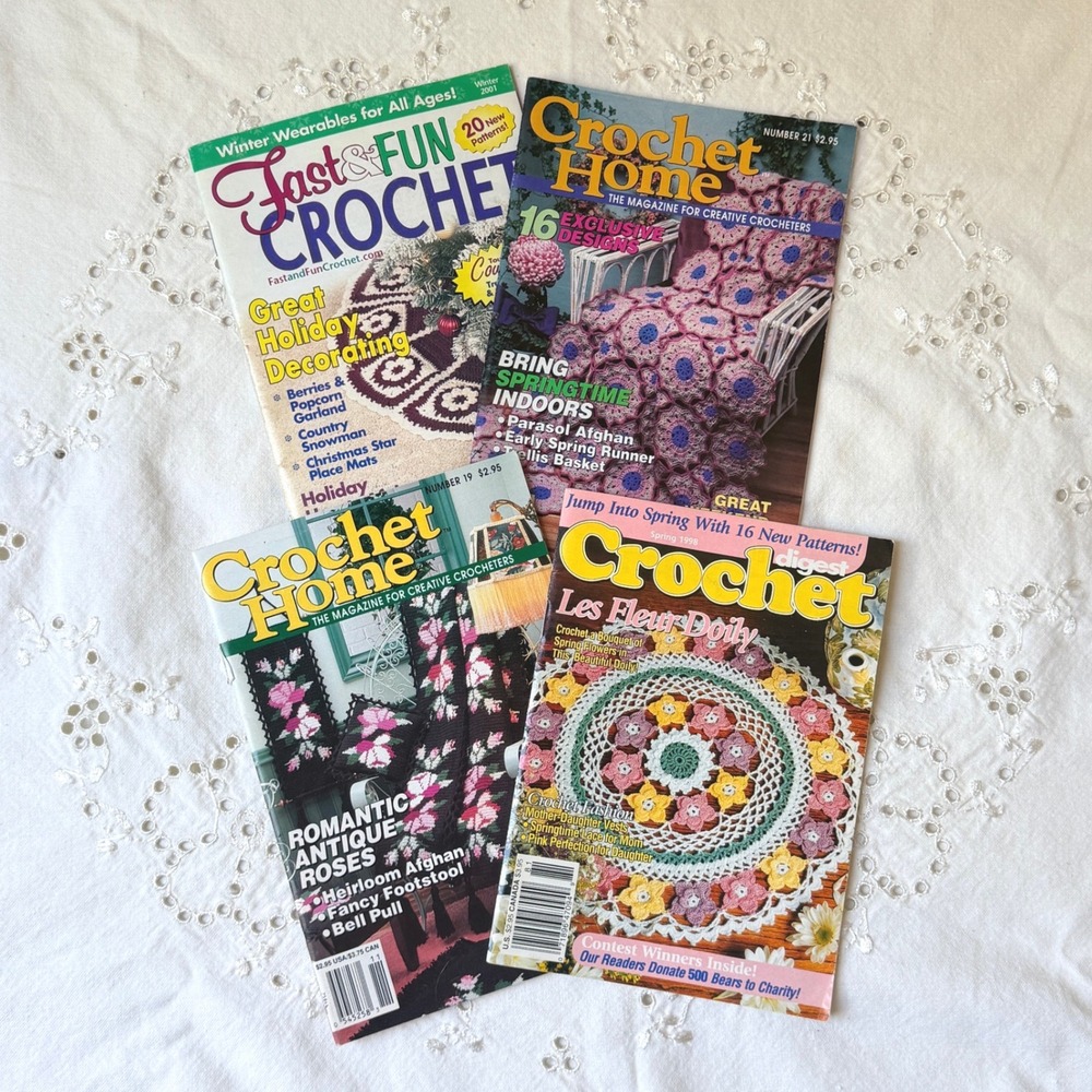 Lot of 4 Crochet Magazines Mixed Bundle Patterns Vintage Afghans Doilies Decor